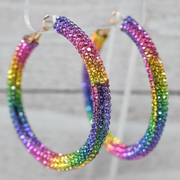 Hoop Earrings & Bracelet Set Pave Crystals Rainbow Iridescent - Picture 4 of 15
